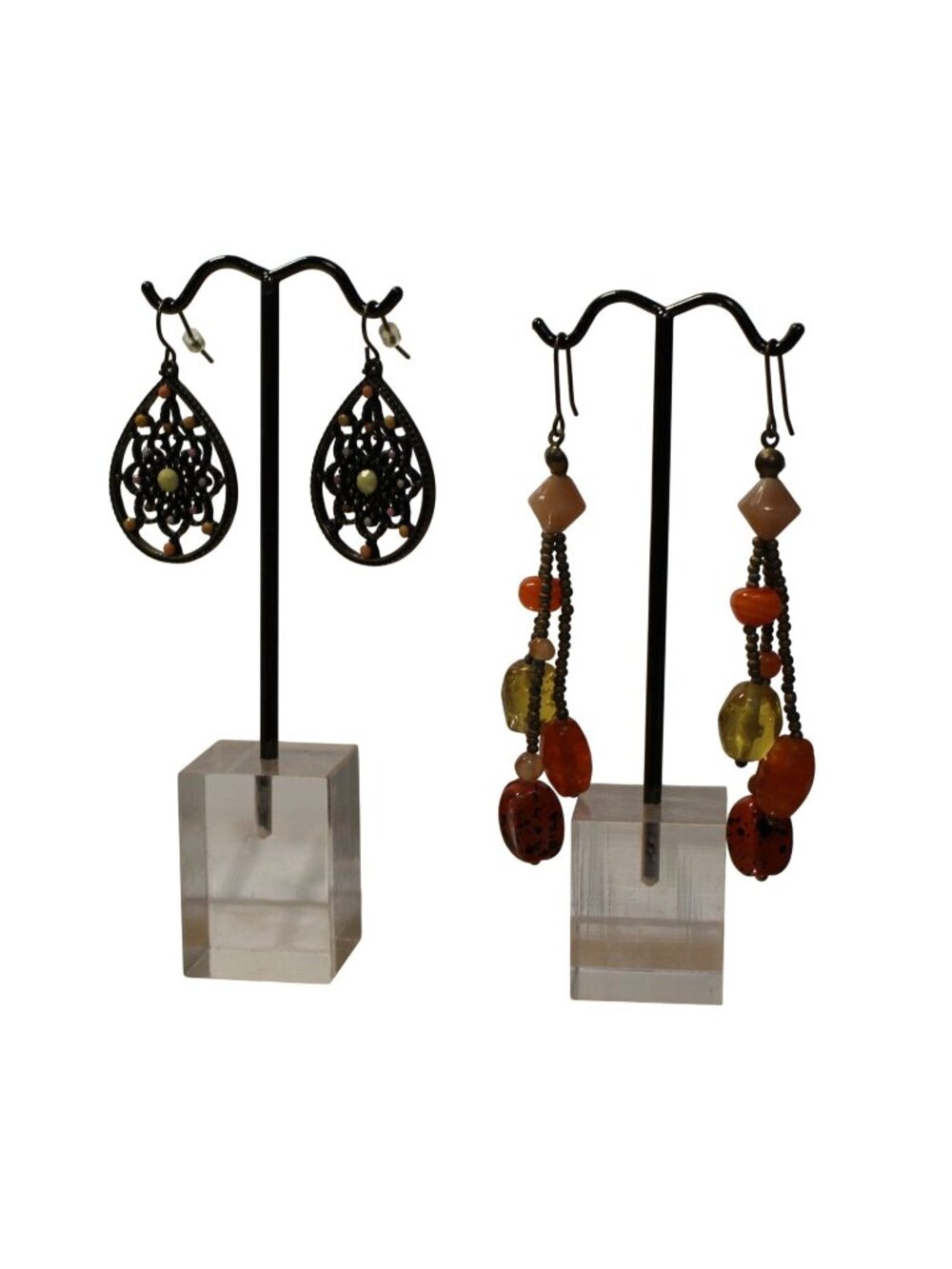 Estate Earring Lot 2 Pair Boho Bronze Filigree Teardrop & Long Orange Bead Dangl